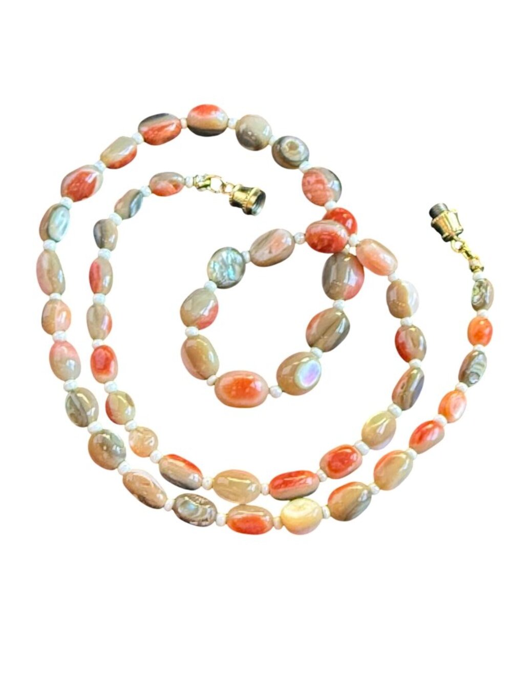 18" Vintage Artisan Handcrafted Orange & Grey Abalone Shell Beaded Necklace
